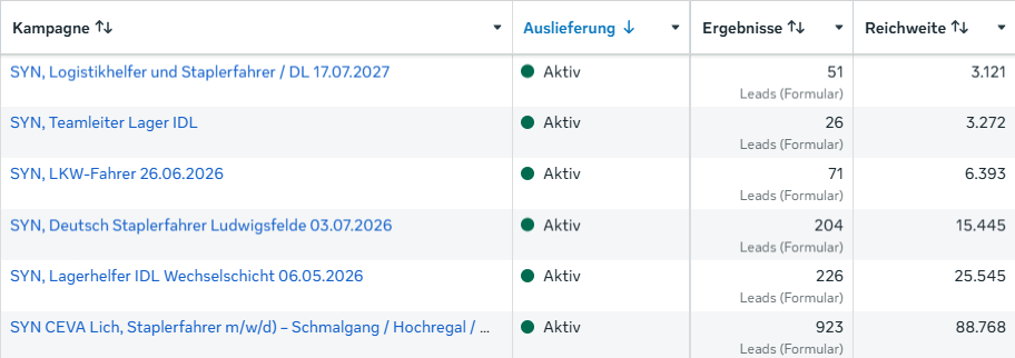 Meta-Werbeanzeigenmanager: Personaldienstleister, Logistik-Positionen