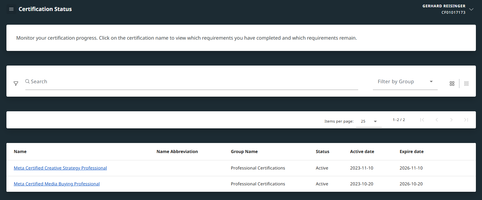 Meta Certification Status – beide Zertifizierungen aktiv